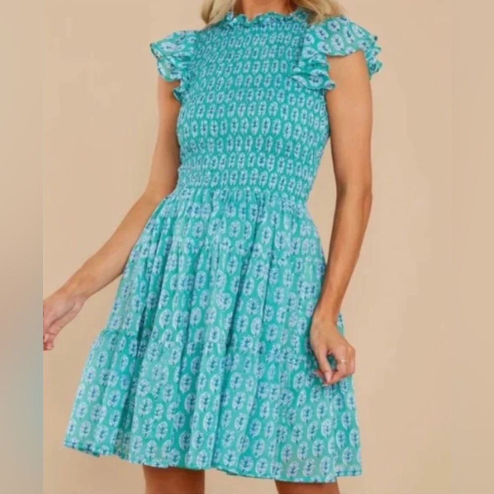 OLIPHANT Smocked Flirty Short Dress- Lisbon Green Sz M